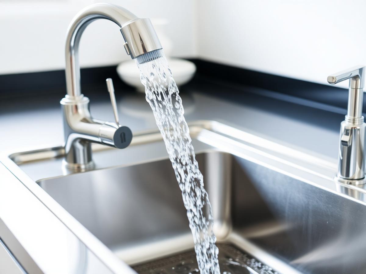 Modern kitchen faucet with running water